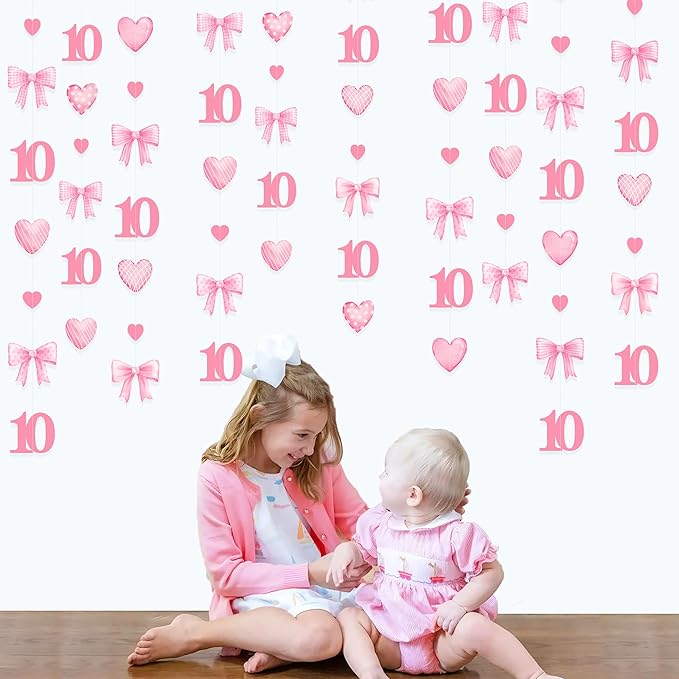 40Ft Pink 10th Bow Birthday Decorations Hot Pink Conquette Bow Heart Garland - Image 3