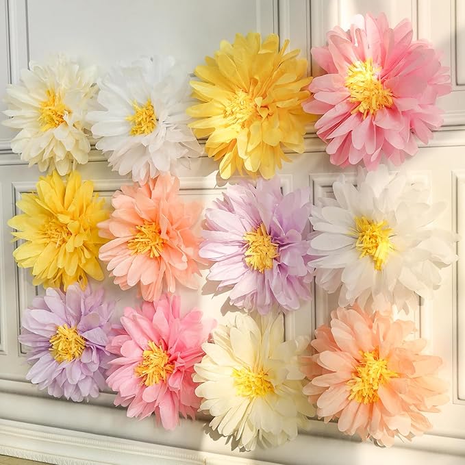 12 Pcs Daisy Tissue Paper Pom Poms Party Decorations Colorful Tissue Flowers - Image 3