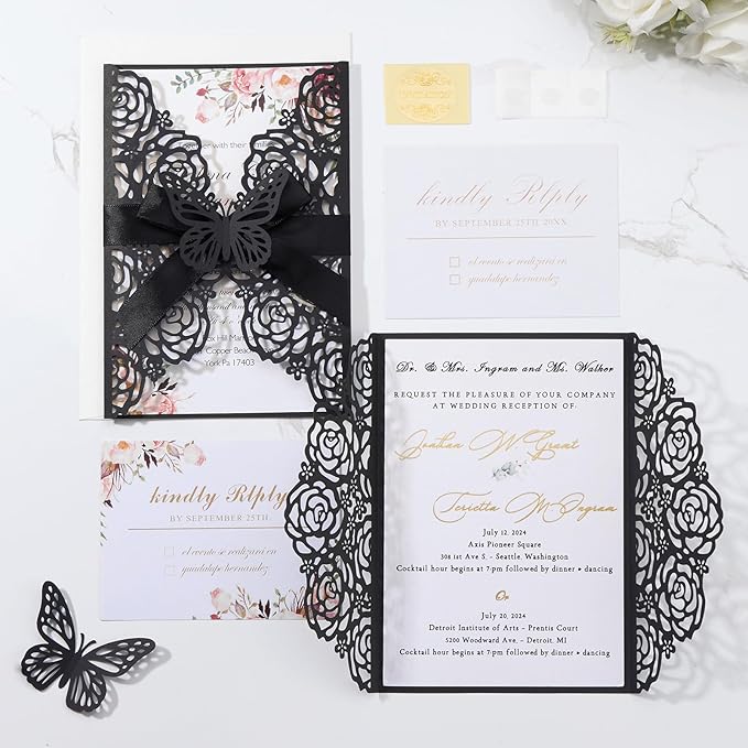 50pcs Black Wedding Invitation Kit Butterfly Laser Cut Invittations Pocket - Image 7
