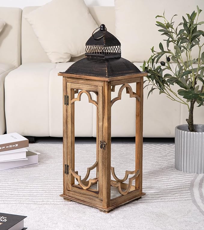 Large Farmhouse Decorative Wooden Lantern Set of 2, Rustic Brown Floor Lanterns - Image 3