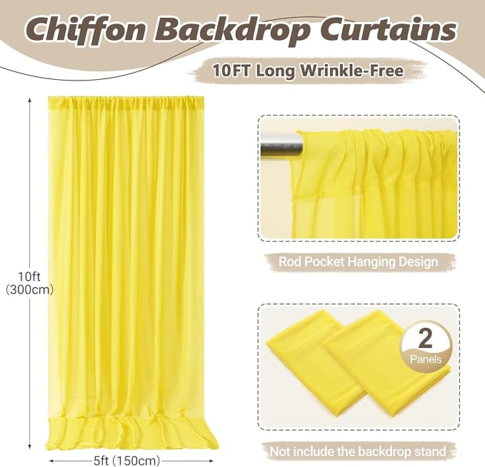 10ft x 10ft Yellow Backdrop Curtain Drapes, Wrinkle-Free Sheer Chiffon Fabric - Image 4