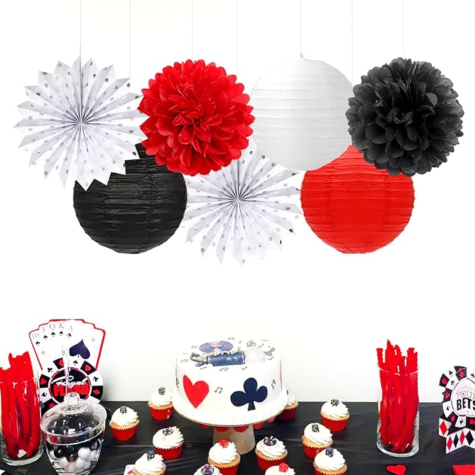 Red-Black White Party-Decorations Paper-Flowers Lanterns - Image 4