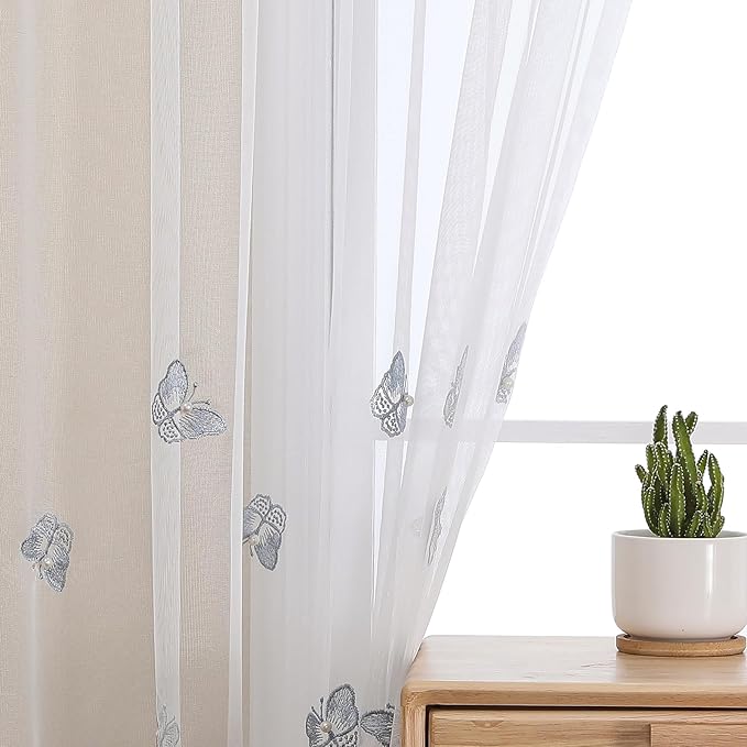 VISIONTEX White Sheer Voile Curtains, Decorative Blue Embossed Butterflies Rod - Image 5