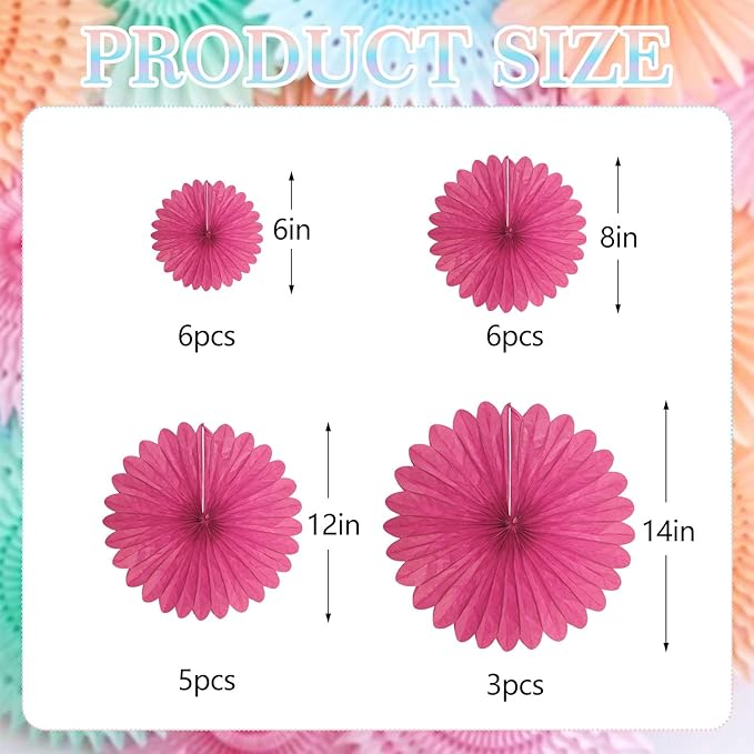 20 Pcs Fuchsia Hanging Paper Fan, Round Paper Fans Decorations Set - Image 2