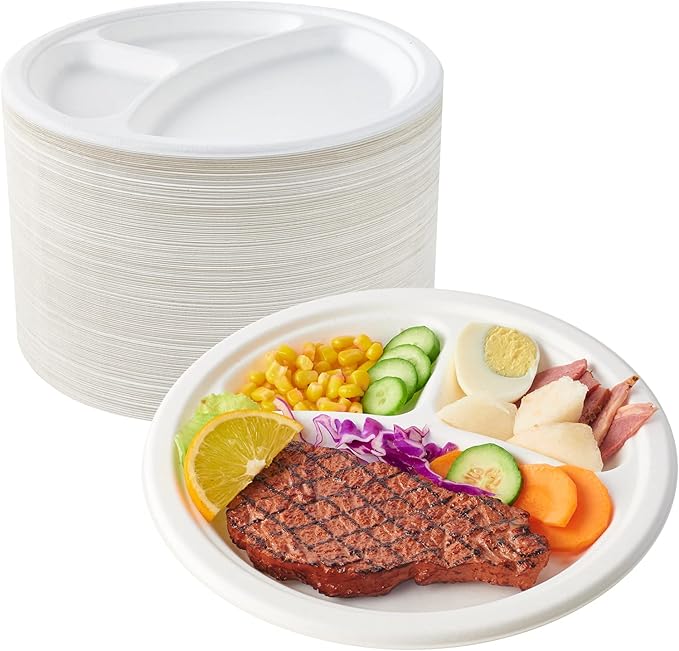 ECOLipak 150 Pack Compostable 3 Compartment Plates, 10 inch Heavy-Duty by ECOLipak
