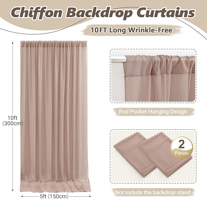 10ft x 10ft Taupe Backdrop Curtain Drapes, Wrinkle-Free Sheer Chiffon Fabric - Image 4
