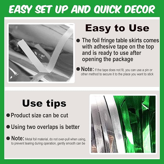3 Pack 29 x108 Inch Silver Green Foil Fringe Table Skirts Metallic Banner - Image 2