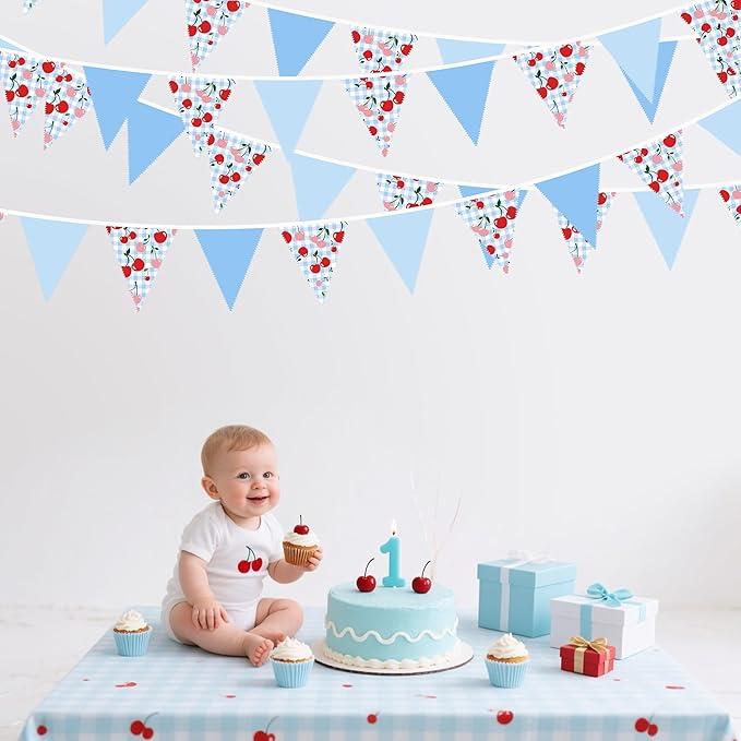32Ft Blue Gingham Cheery Pennant Banner Fabric Triangle Flag Garland Streamers - Image 7