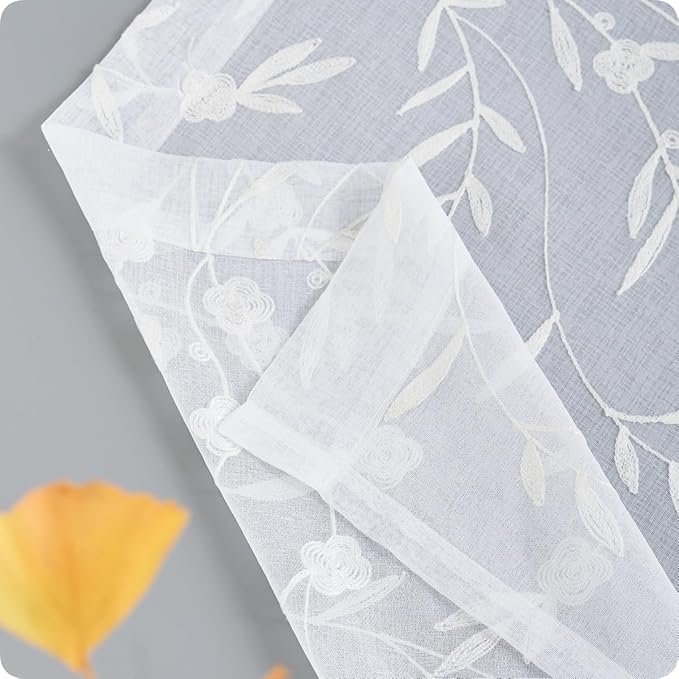 Sheer Curtains White 54 Inches Long Floral Embroidery Rod Pocket Voile Drapes - Image 3