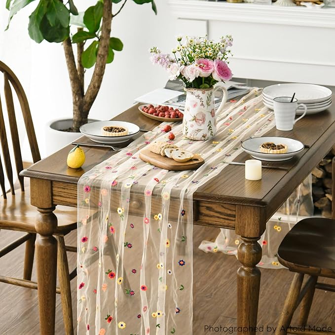 Artoid Mode Champagne Embroidery Daisy Gauze Table Runner 120 Inch 10FT - Image 5