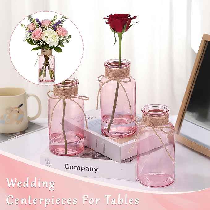 Pink Glass Flower Vases for Centerpieces Set of 6, Mason Jars Boho Cylinder Bud - Image 2