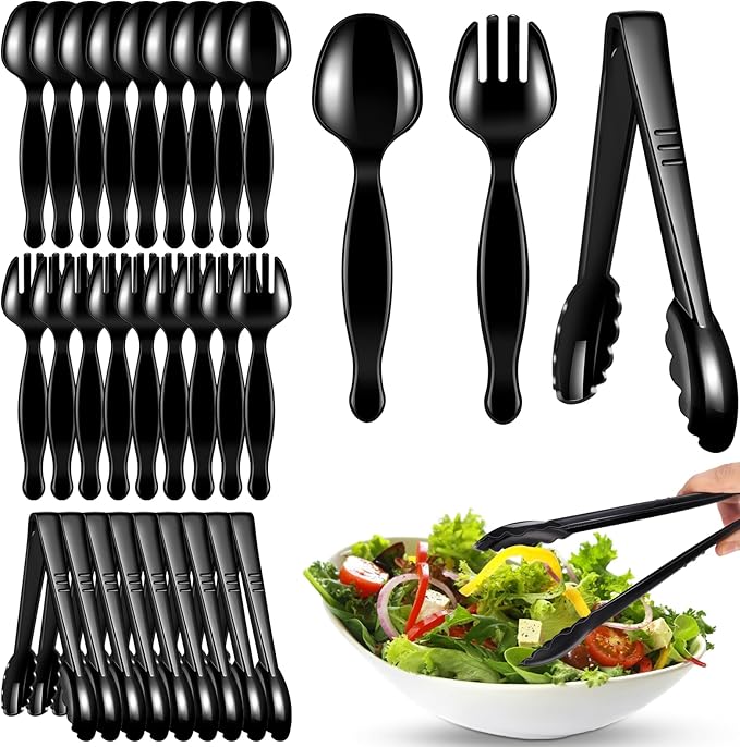 30 Pcs Disposable Black Plastic Serving Utensils, 10 Set Including 9" Plastic by ALEXPRE