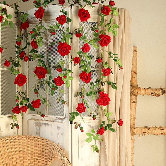 Veryhome Rose Vine Artificial Flower Garland Fake Hanging Rose Ivy Plants 6ft - Image 2
