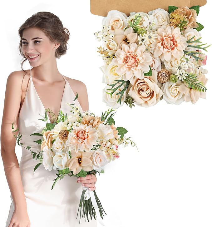 AmyHomie Nude Color Artificial Flowers Combo Silk Mix Peony Rose Fake Flowers - Image 7