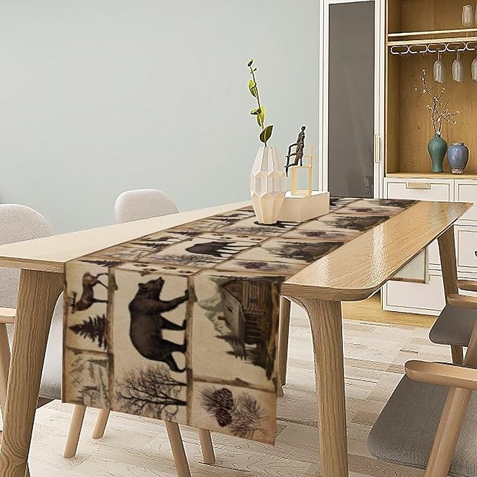 Rustic Cabin Table Runner, Retro Moose Cone Deer Bear Farmhouse Lodge Table - Image 7
