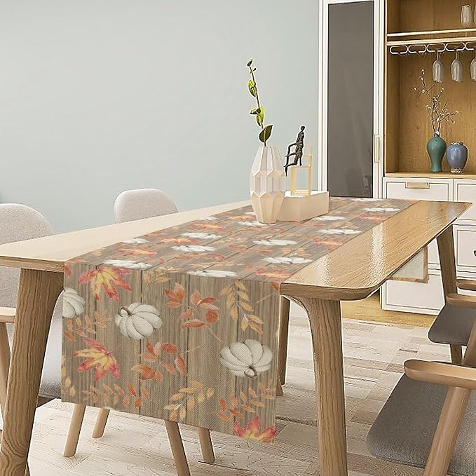 Autumn Table Runner, Pumpkins Maple Leaves Wood Fall r Seasonal Table Runner - Image 2