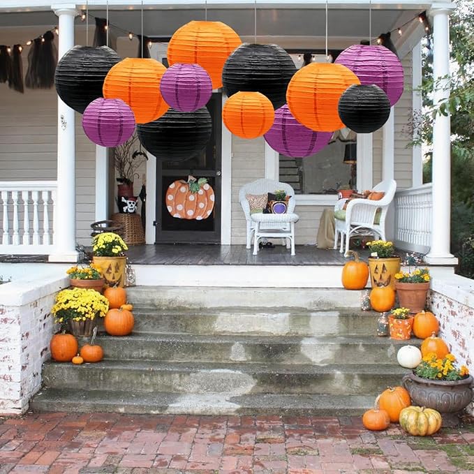 Orange Purple Black Paper Lanterns Decorative 12pcs Halloween Hanging - Image 7