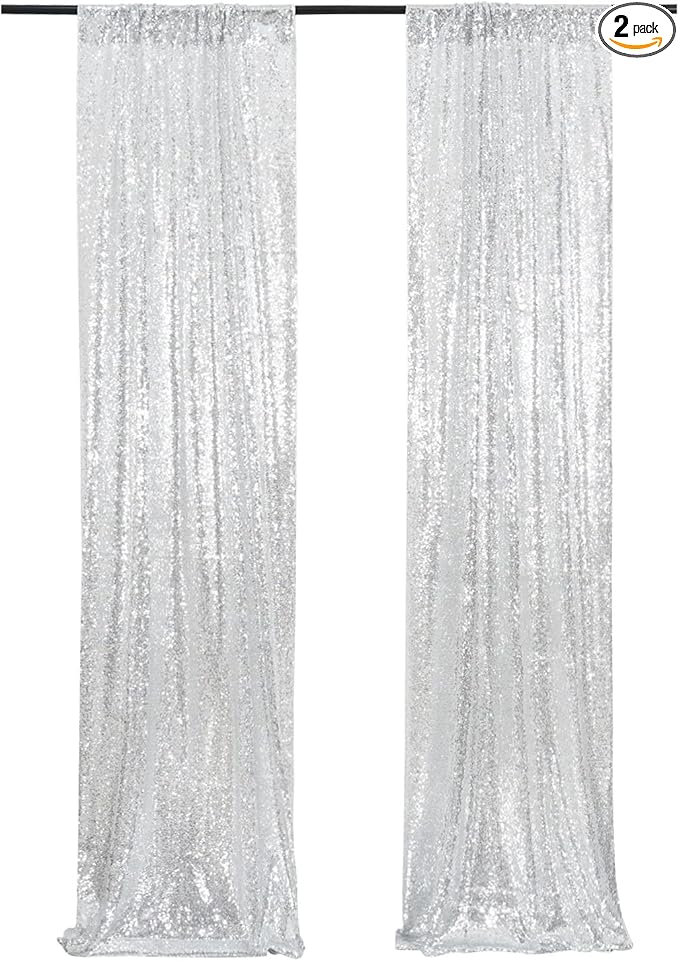 Poise3EHome Silver Sequin Backdrop Curtains, 2ft x 8ft Sequin Photography by Poise3EHome