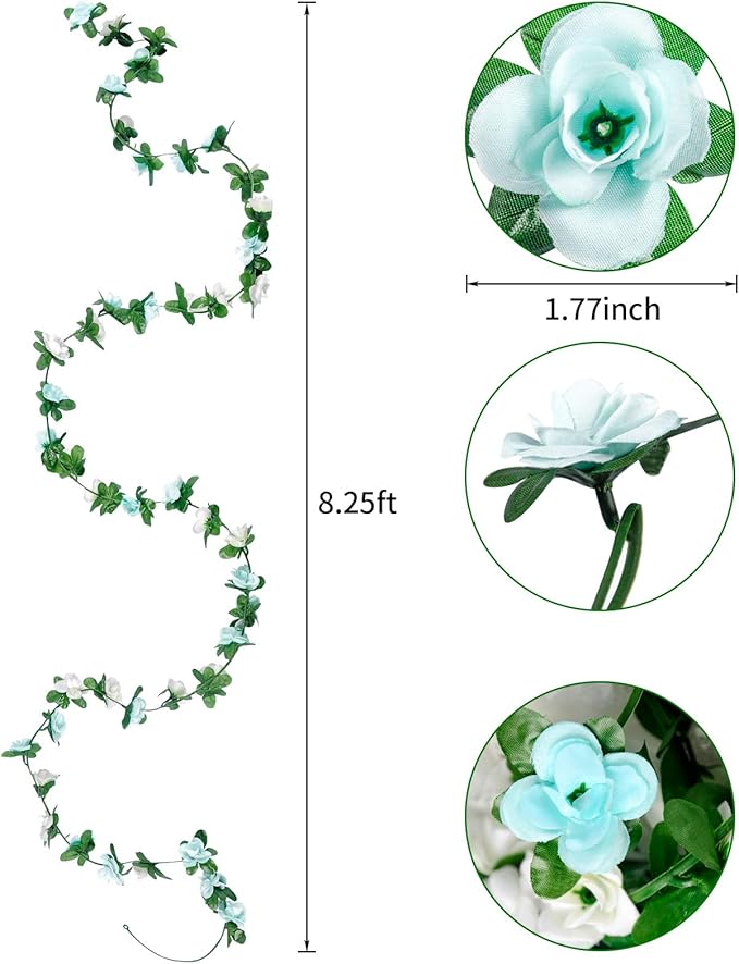 Miracliy 9Pcs 74FT Blue and White Flower Garland Artificial Rose Arch Vines - Image 3