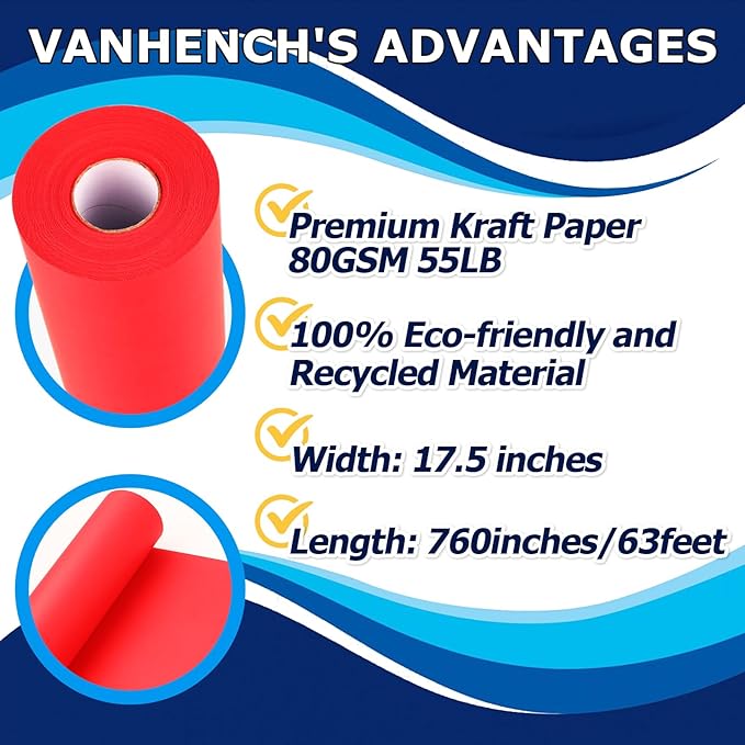 Vanhench Red Wrapping Paper Roll 17.5" x 760" - Image 2