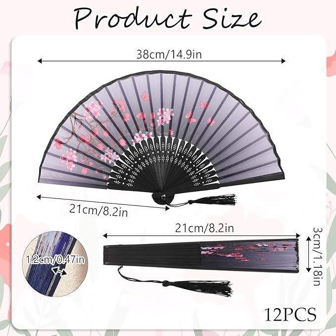 12 Pcs Fans for Line Dancing Vintage Silk Floral Folding Fan Chinese Hand Fans - Image 2