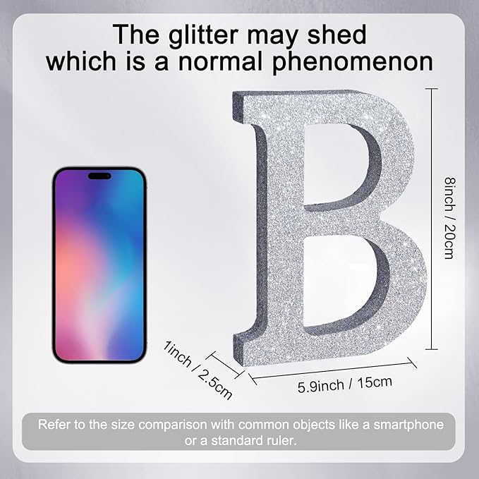 TONIFUL 8 Inch Silver Glitter Letter B Table Centerpiece A-Z Silver Birthday - Image 2