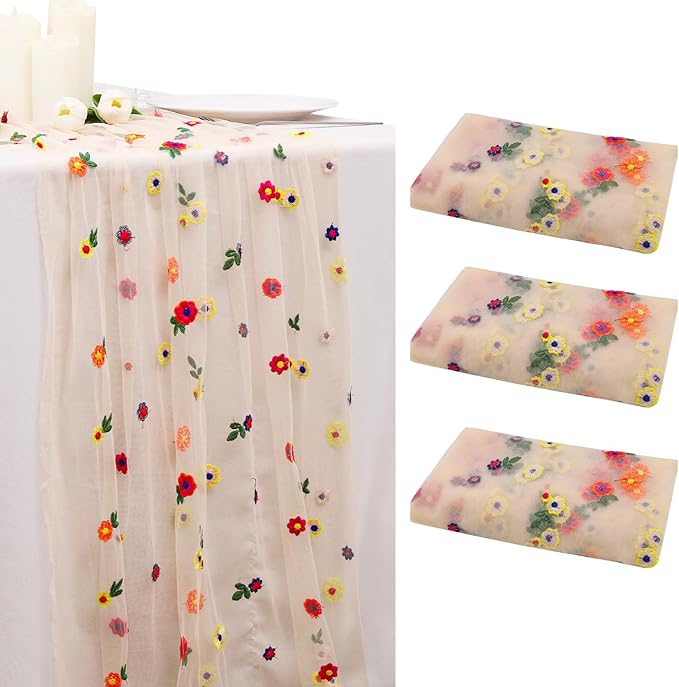 BINBE 3pcs Champagne Daisy Fall Table Runner Embroidery Gauze 10FT Florals by BINBE