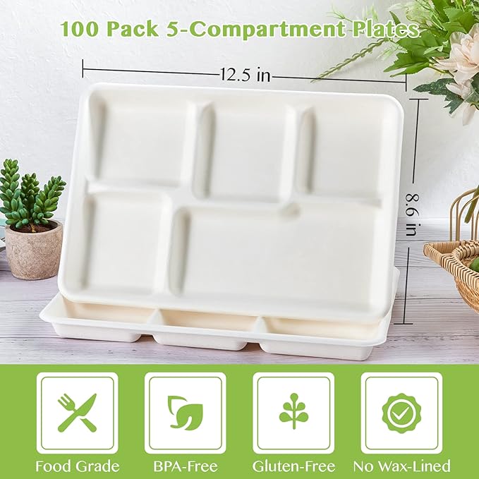 ECOLipak 100% Compostable 5 Compartment Plates, 100 Pack Disposable Compartment - Image 2