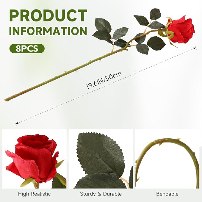 Tifuly 12 Pcs Red Roses Artificial Flowers, Realistic Long Stem Fake Silk Roses - Image 2