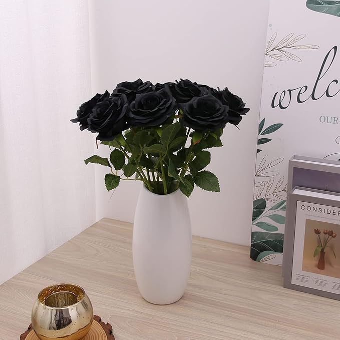 Artificial Rose 10pcs Open Flower Bouquet Black Faux Rose Stems - Image 3