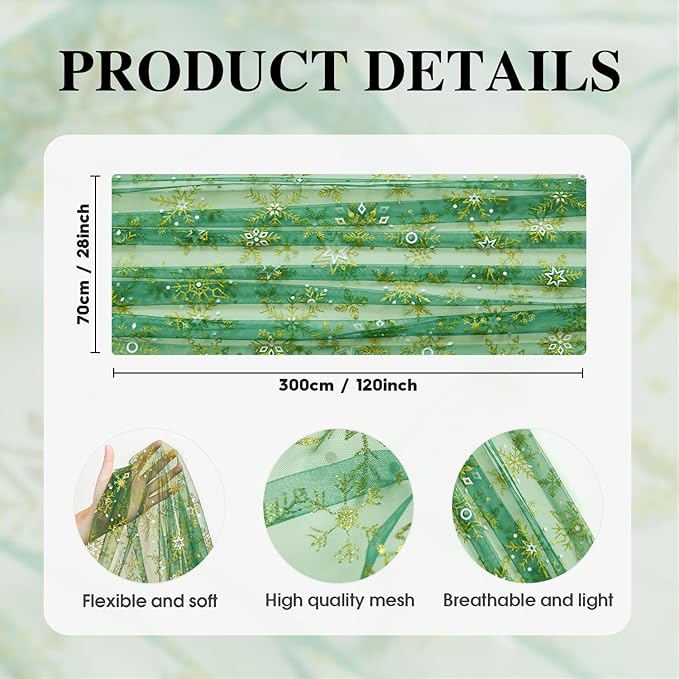Artoid Mode Green Gold Snowflakes Christmas Gauze Table Runner 120 Inch 10FT - Image 7