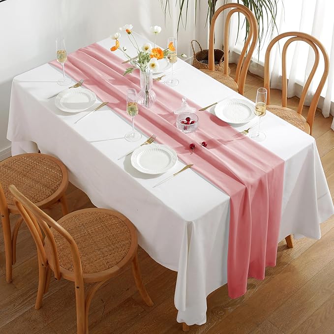 2 Pack 10 Ft Chiffon Table Runner Blush Pink Gauze Long Table Runners 27x120 - Image 2