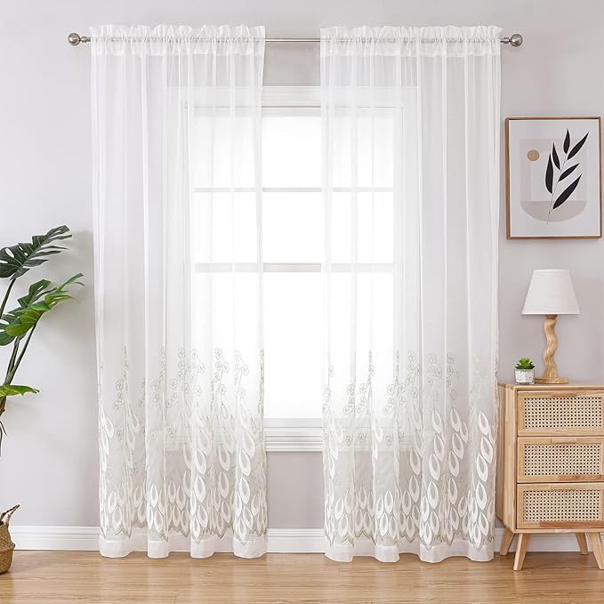 VISIONTEX White Sheer Voile Curtains, Decorative White Embossed Drip Rod Pocket - Image 2
