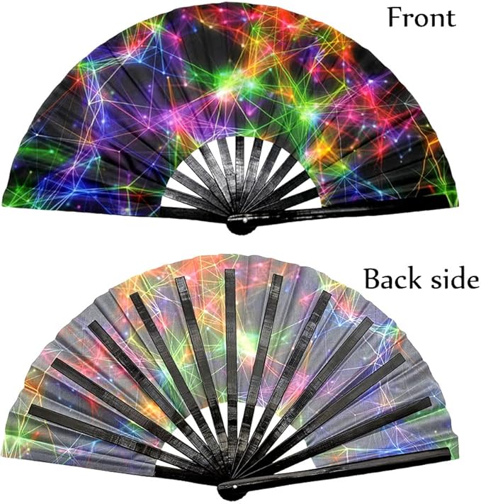2 Pack Large Folding Rave Fan for Women/Men Holographic Festival Bamboo Clack - Image 4