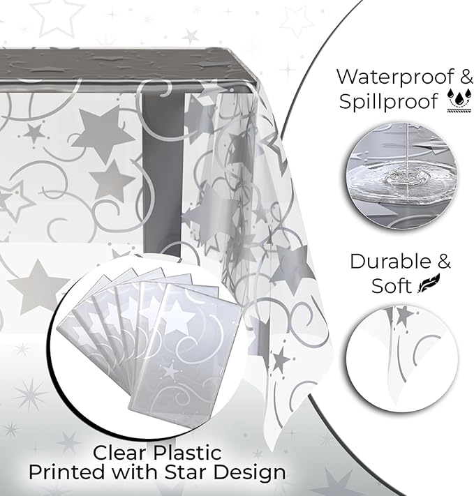 Exquisite Clear Silver Star Tablecloth Plastic 12-Pack Disposable Rectangle - Image 3