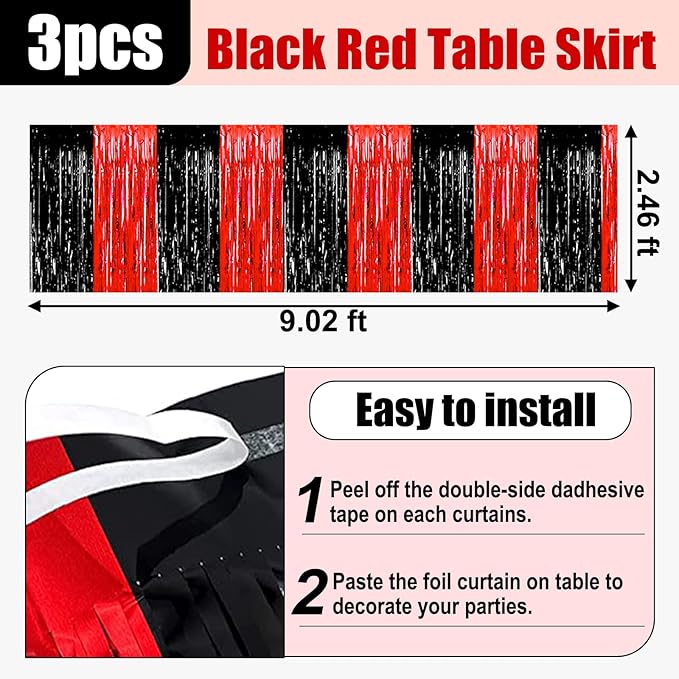 3 Pack 29x108 Inch Black Red Foil Fringe Table Skirts Metallic Banner - Image 2