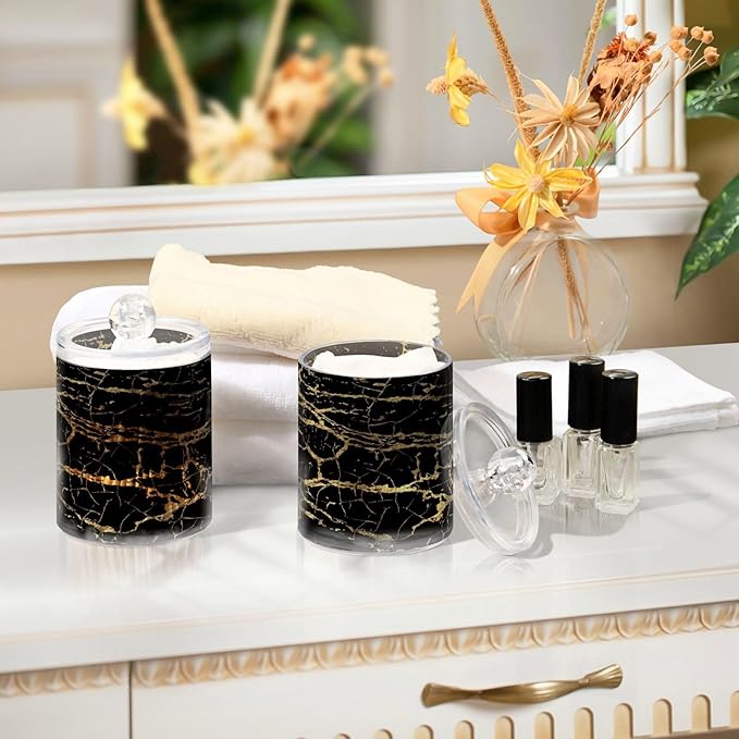Qtip Holder Dispenser 2 Pack Gold Black Marbling Bathroom Decorative Storage - Image 7
