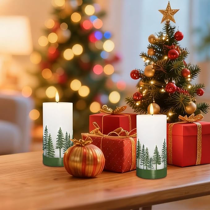 Silverstro Holiday Flameless Candles Green Hand Drawn Christmas Tree Design - Image 4