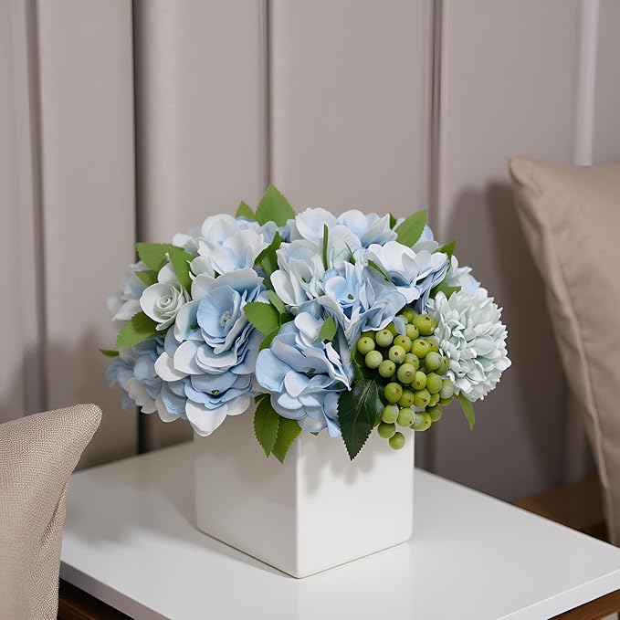 LADADA Fake Flowers in Ceramic Vase, Faux Hydrangea Flower Arrangements - Image 2