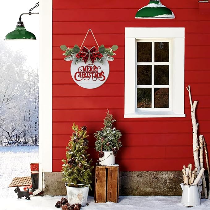 CHDITB Cute Merry Christmas Wooden Front Door Wreath, Farmhouse 3D Christmas - Image 4