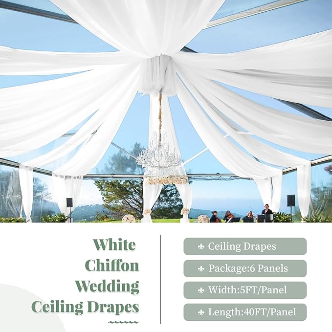 6 Panels White Wedding Ceiling Drapes 5ftx40ft Ceiling Drapes Chiffon Fabric - Image 2