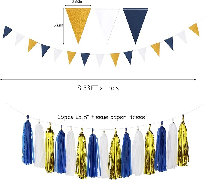 Navy Blue White Gold Party Decoration 23pcs Kits-Paper Flowers, Banner Flags - Image 4