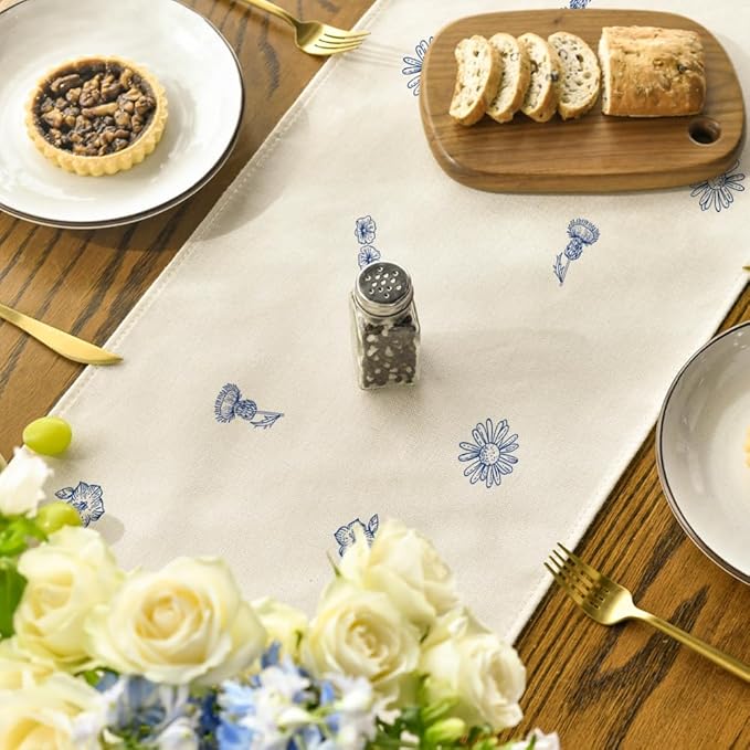 Artoid Mode Blue Antique Herbs and Wild Flowers Spring Table Runner, Seasonal - Image 4