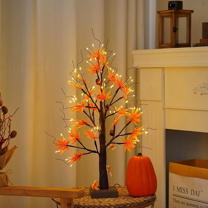 24” 72 LED Fall Decorations for Home, Birch Tree Lighted Fall Maple Leaves - Image 3