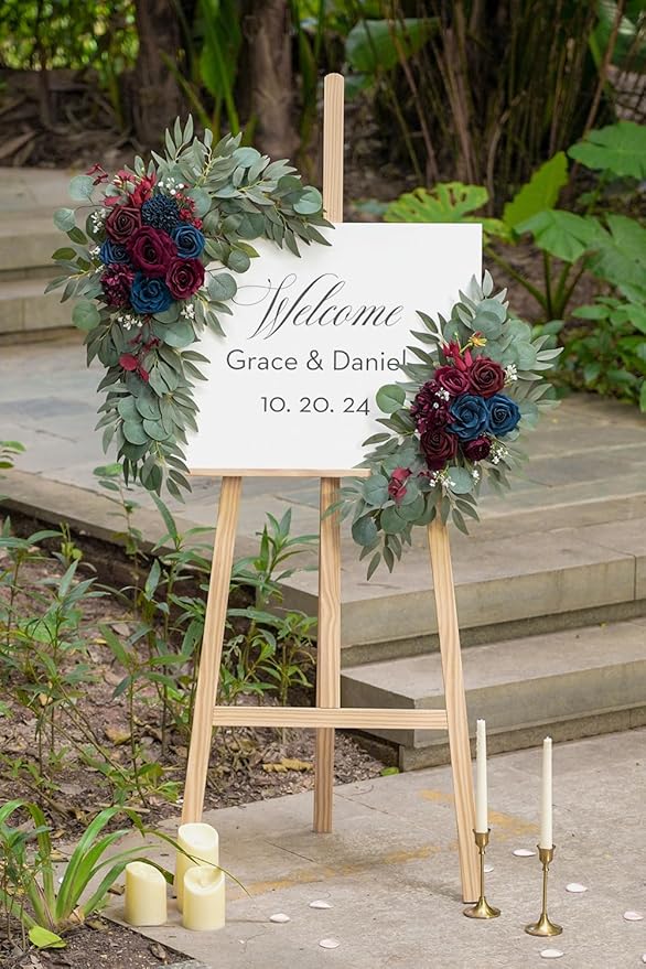 Navy and Burgundy Flower for Wedding Welcome Signs Decorations, Artificial - Image 3