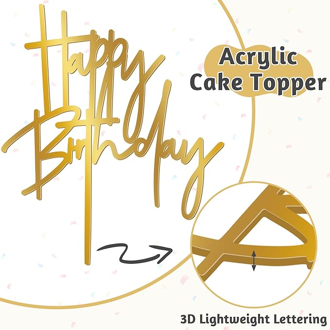 1PCS Gold Birthday Cake Topper, 5.3 x 7.2 Inches Acrylic Happy Birthday Cake - Image 7