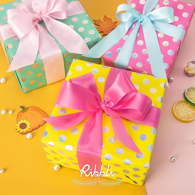 Ribbli Birthday Polka Dots Wrapping Paper Mini Roll, 3 Rolls Fluorescent Pink - Image 4
