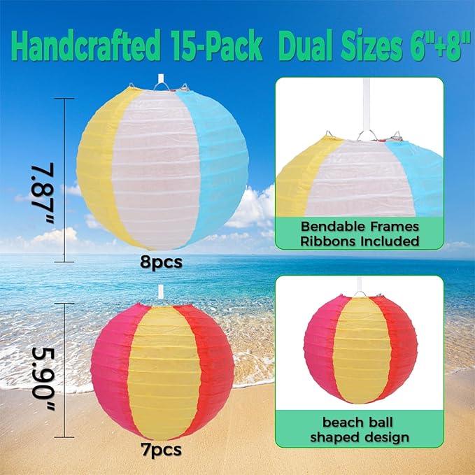 15Pcs Beach Ball Hanging Paper Lanterns Colored Summer Party Decorations - Image 2