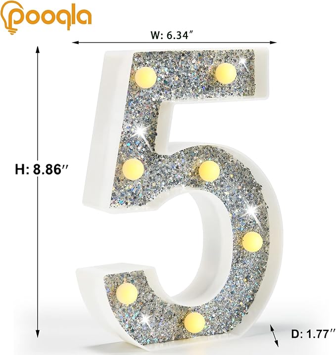 Pooqla Silver Decorative Signage, Lighted Number 5, Battery Powered LED Night - Image 6