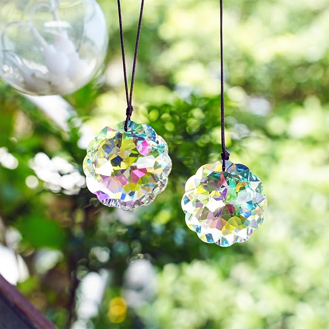 HDCRYSTALGIFTS Set 2 AB Color Crystal Suncatcher Datura Shaped Pendant Rainbow - Image 7